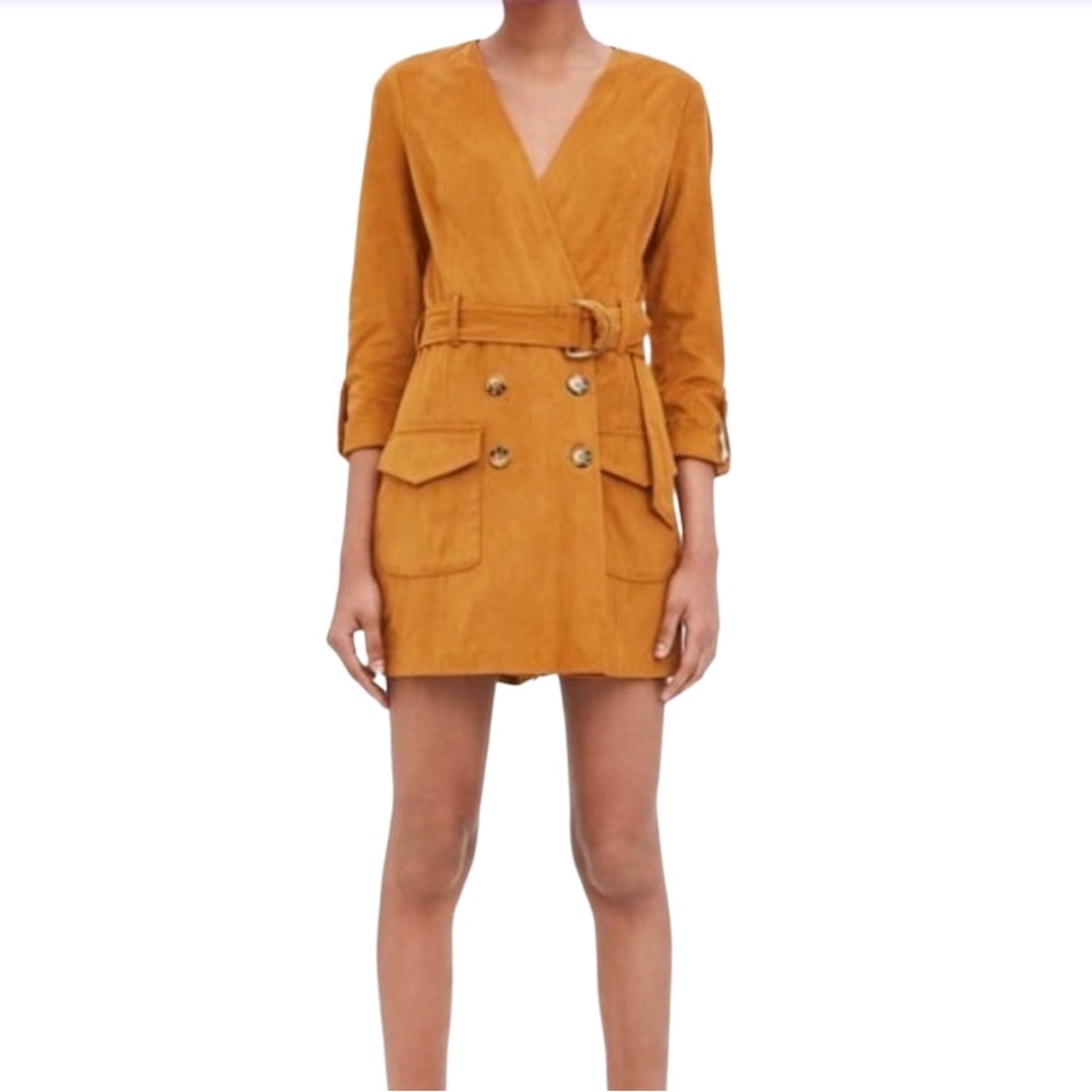 Zara Yellow Mustard Faux Suede Jumpsuit Mini Belted Dress Romper M